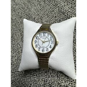 Vintage Carriage Watch Women Gold Tone Stretch 6.25" Bracelet Round White Dial